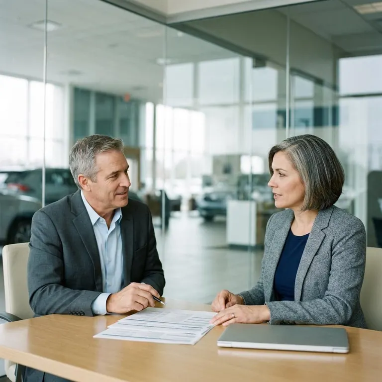 A dealership owner and general manager working through a marketing plan in their showroom office