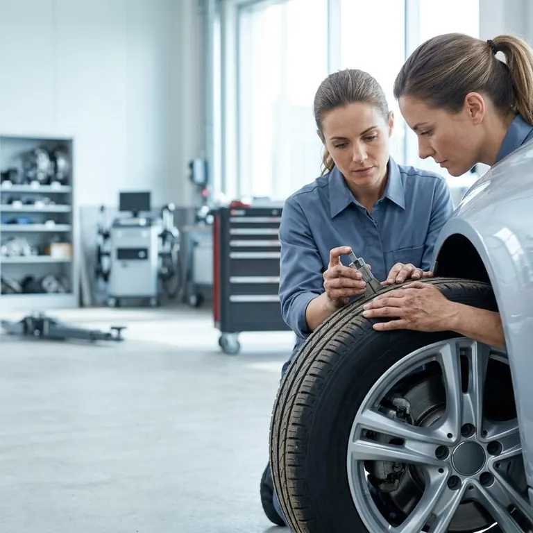 Illustrative service-retention campaign showing a technician inspecting a vehicle's tire