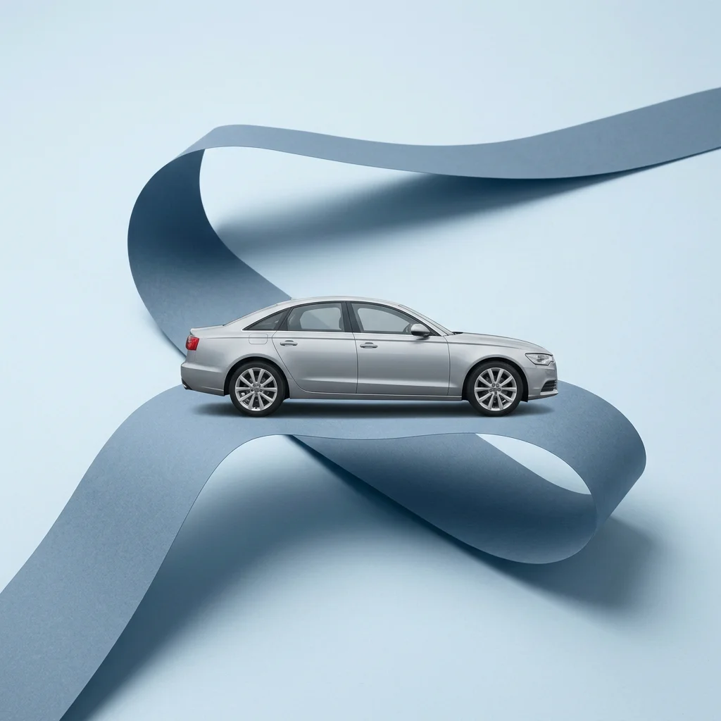 IM@CS brand study: a silver car on a sculptural blue paper road, not a client campaign